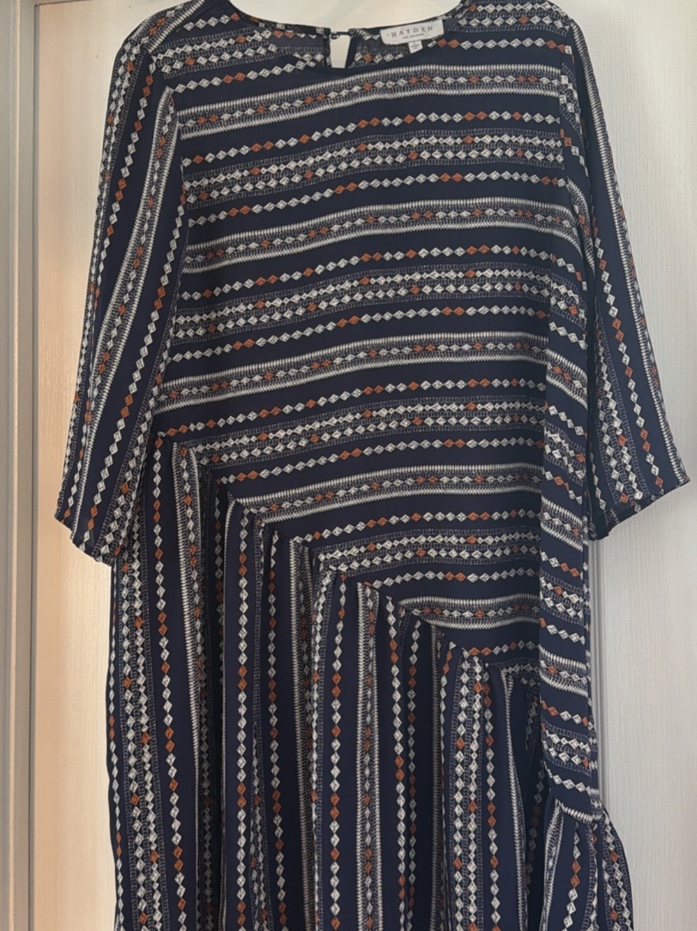 Hayden Navy Striped Midi Dress with Rust & White Accents